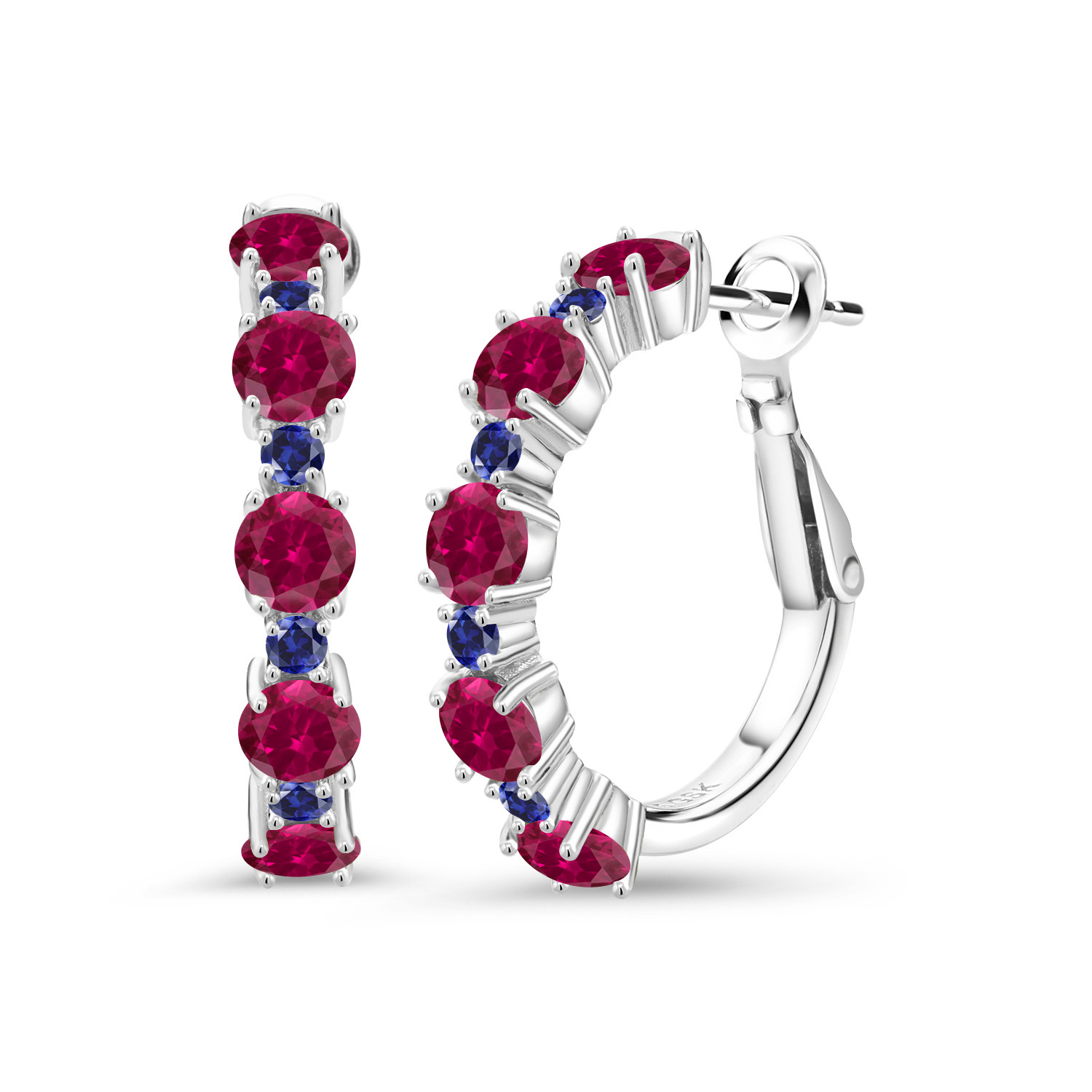 Gem Stone King 925 Sterling Silver Red Created Ruby and Blue Created Sapphire Hoop Earrings for Women (2.86 Cttw, Round 4MM and 1.9MM, Gemstone Birthstone 1 inch Diameter)