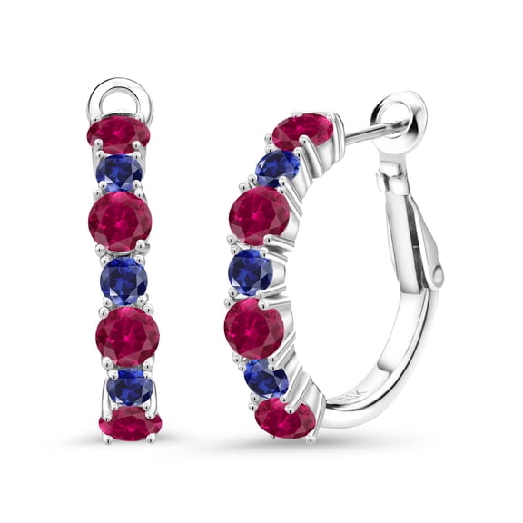 Gem Stone King 5.12 Cttw Red Created Ruby and Blue Created Sapphire Hoop Earrings for Women | 925 Sterling Silver | Gemstone July Birthstone | Round 4MM and 3MM | Fine Jewelry Gifts for Mom Wife Her