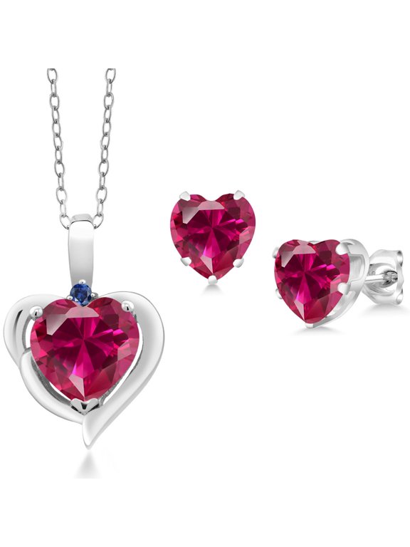 925 Sterling Silver Red Created Ruby and Blue Created Sapphire Pendant Necklace Earrings Set for Women (3.64 Cttw, Heart Shape 8MM and 6MM, with 18 inch Chain)