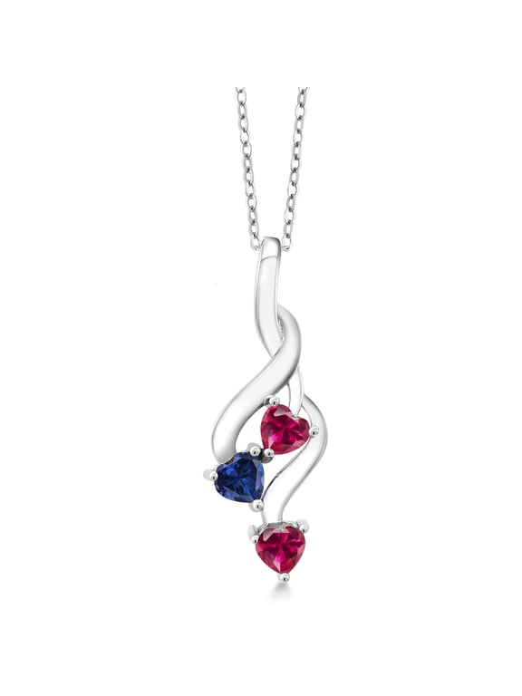 925 Sterling Silver Red Created Ruby and Blue Created Sapphire Pendant Necklace for Women (1.10 Cttw, Gemstone July Birthstone, Heart Shape 4MM, with 18 inch Silver Chain)