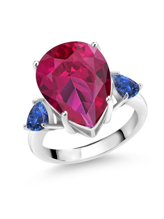10.70 Cttw Red Created Ruby and Blue Created Sapphire 3-Stone Ring for Women | 925 Sterling Silver | Gemstone July Birthstone | Pear Shape 16X12MM | Size 5, 6, 7, 8, 9 | Size 7