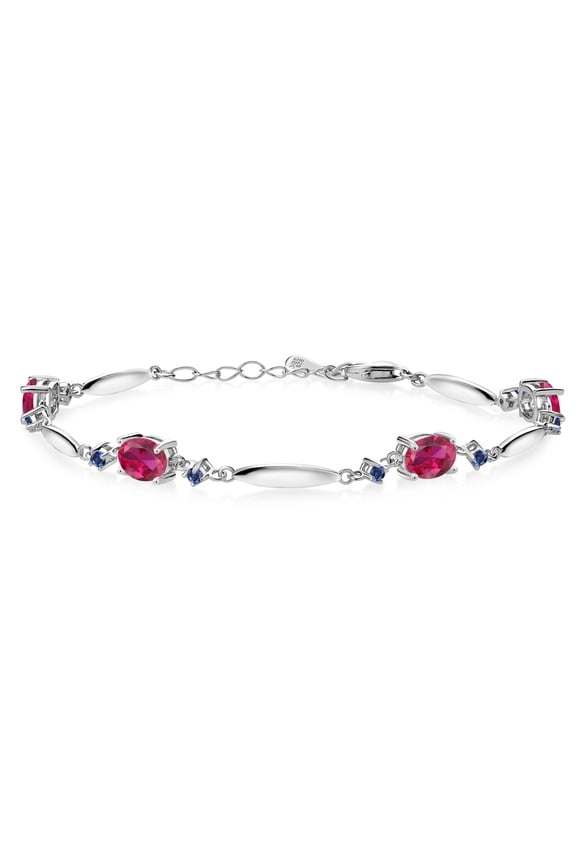 925 Sterling Silver Red Created Ruby and Blue Created Sapphire Tennis Bracelet for Women | 4.36 Cttw | Gemstone July Birthstone | Oval 7X5MM | 6 inch + 1 inch Extender
