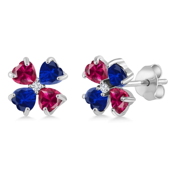 Gem Stone King 925 Sterling Silver Red Created Ruby Blue Created Sapphire and White Lab Grown Diamond Earrings for Women | 3.23 Cttw | Gemstone July Birthstone | Heart Shape 4MM