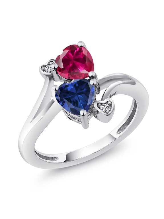925 Sterling Silver Red Created Ruby Blue Created Sapphire and White Moissanite Ring for Women (1.79 Cttw, Heart Shape 6MM, Gemstone July Birthstone, Size 5)