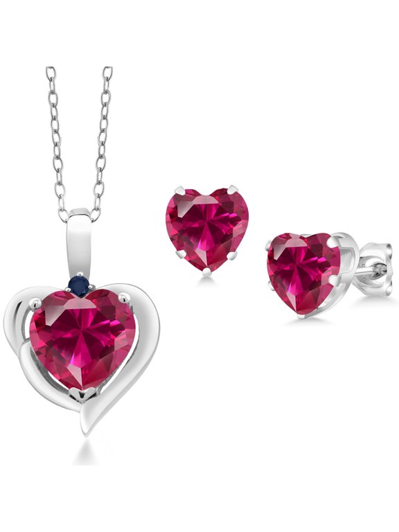 925 Sterling Silver Red Created Ruby and Blue Sapphire Pendant Necklace Earrings Set for Women (3.64 Cttw, Heart Shape 8MM and 6MM, with 18 inch Chain)