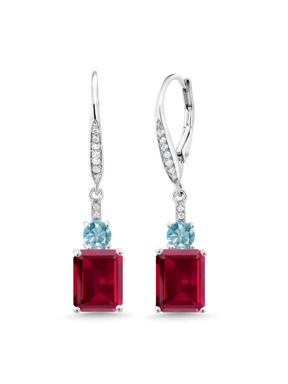 925 Sterling Silver Red Created Ruby and Blue Zircon Dangle Earrings for Women (6.60 Cttw, Gemstone July Birthstone, Emerald Cut 9X7MM)