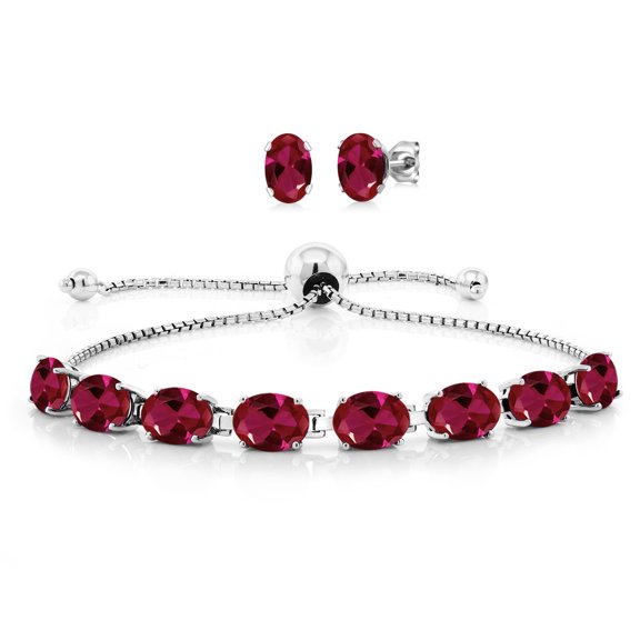 Gem Stone King 925 Sterling Silver Red Created Ruby Bracelet and Earrings Jewelry Set for Women (8.50 Cttw, Gemstone July Birthstone, Oval 7X5MM, Fully Adjustable up to 9 inch)