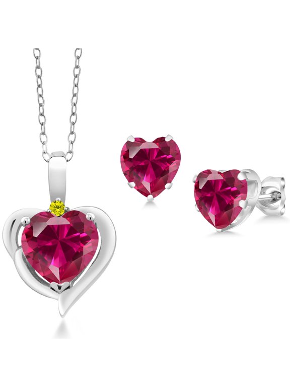 925 Sterling Silver Red Created Ruby and Canary Diamond Pendant Necklace Earrings Set for Women (3.64 Cttw, Heart Shape 8MM and 6MM, with 18 inch Chain)