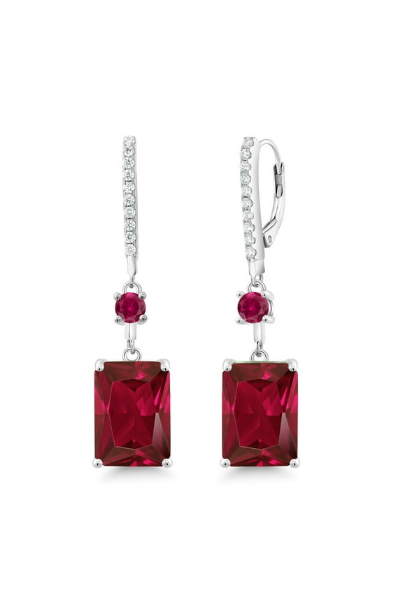 10.80 Cttw Red Created Ruby Dangle Earrings for Women | 925 Sterling Silver | Emerald Cut 14X10MM | Round 4MM