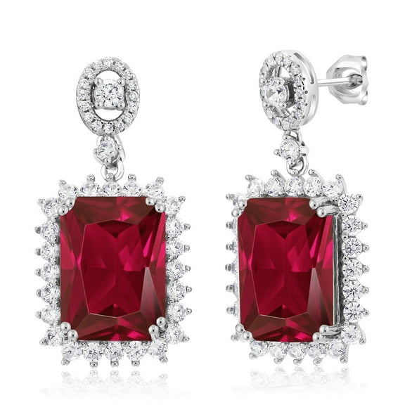 Gem Stone King 925 Sterling Silver Red Created Ruby Dangle Earrings for Women (16.60 Cttw, Gemstone July Birthstone, Emerald Cut 14X10MM)