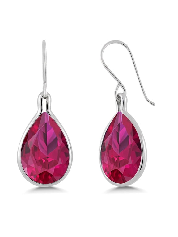 925 Sterling Silver Red Created Ruby Dangle Earrings for Women (19.24 Cttw, Pear Shape 16X12MM)