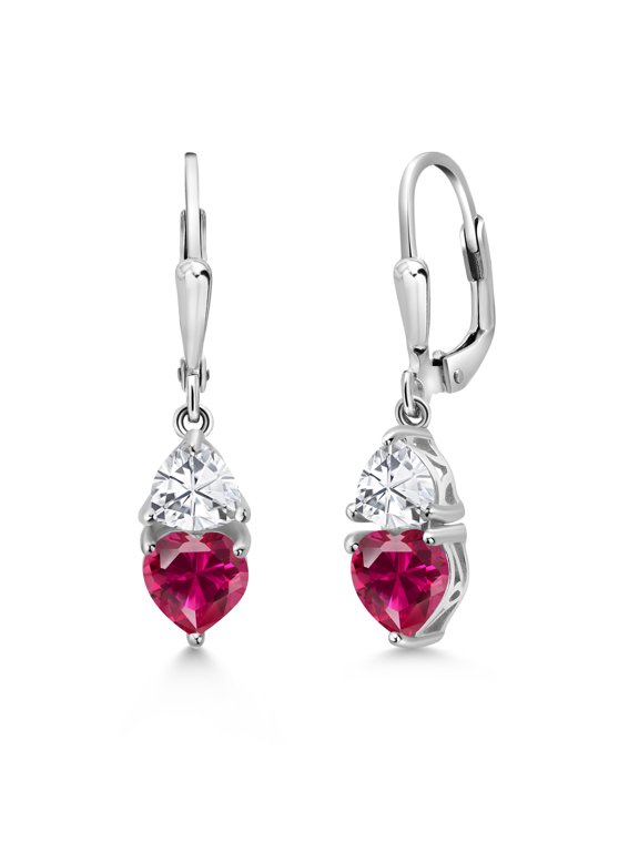 925 Sterling Silver Red Created Ruby Dangle Leverback Earrings for Women (3.46 Cttw, Gemstone July Birthstone, Heart Shape 6MM, Trillion 5MM)