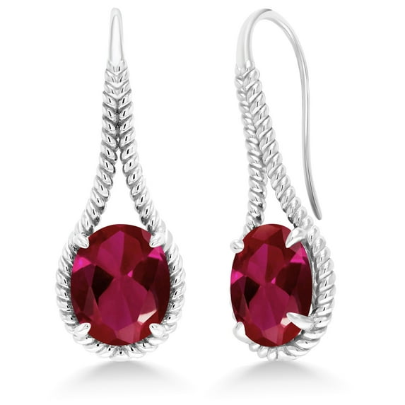 Gem Stone King 925 Sterling Silver Red Created Ruby Drop Dangle Earrings for Women | 10.00 Cttw | Gemstone July Birthstone | Oval 12X10MM | 1.18 inch