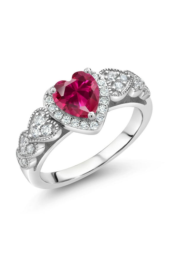925 Sterling Silver Red Created Ruby Engagement Ring for Women (1.39 Cttw, Heart Shape 6MM, Available in Size 5, 6, 7, 8, 9)