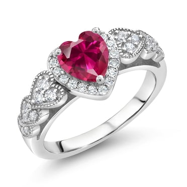 Gem Stone King 925 Sterling Silver Red Created Ruby Engagement Ring for Women (1.39 Cttw, Heart Shape 6MM, Available in Size 5, 6, 7, 8, 9)