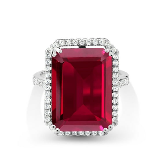 Gem Stone King 925 Sterling Silver Red Created Ruby Engagement Ring for Women (20.50 Cttw, Emerald Cut 18X13MM, Size 5)