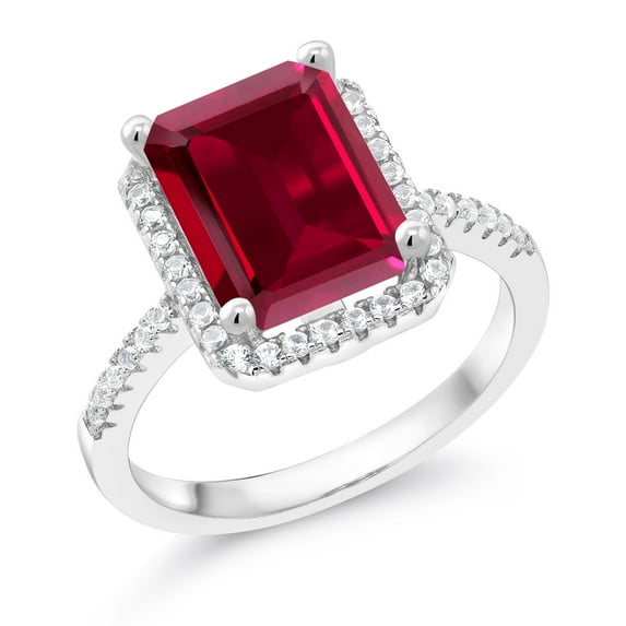 Gem Stone King 925 Sterling Silver Red Created Ruby Engagement Ring for Women (4.16 Cttw, Emerald Cut 10X8MM, Gemstone July Birthstone, Size 7)
