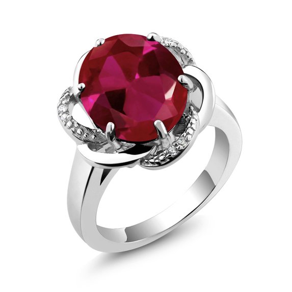 Gem Stone King 925 Sterling Silver Red Created Ruby Engagement Ring for Women (5.07 Cttw, Gemstone July Birthstone, Oval 12X10MM, Size 6)