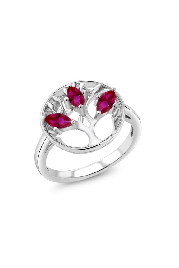 925 Sterling Silver Red Created Ruby Family Tree of Life Ring for Women (0.90 Cttw, Gemstone July Birthstone, Size 9)