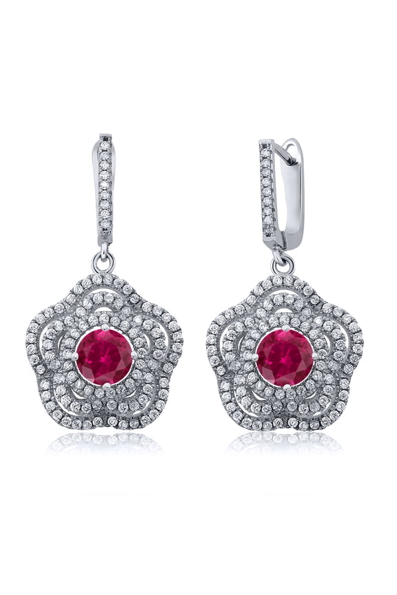 925 Sterling Silver Red Created Ruby Flower Dangle Earrings for Women (4.64 Cttw, Gemstone July Birthstone, Round 6MM)