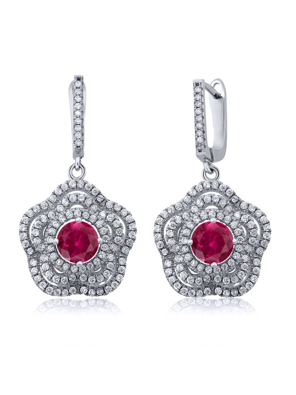 925 Sterling Silver Red Created Ruby Flower Dangle Earrings for Women (4.64 Cttw, Gemstone July Birthstone, Round 6MM)
