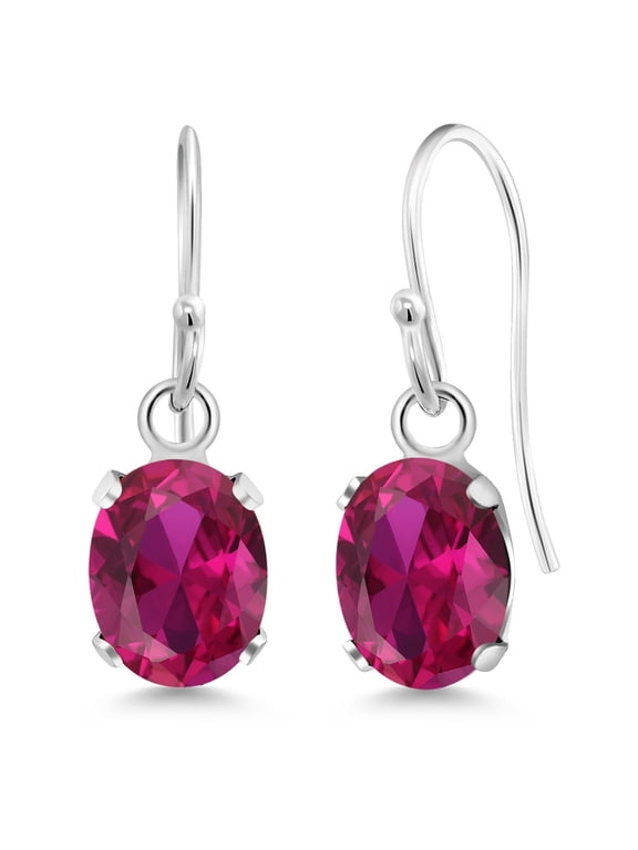 925 Sterling Silver Red Created Ruby French Wire Dangle Hook Earrings for Women (1.88 Cttw, Gemstone July Birthstone, Oval 7X5MM)