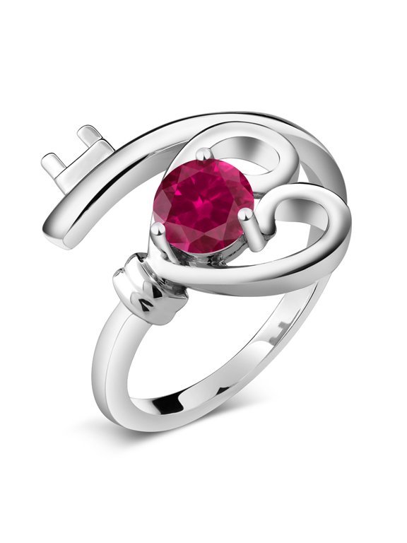 925 Sterling Silver Red Created Ruby Heart Key Ring (0.60 Cttw, Round 5MM, Size 6)