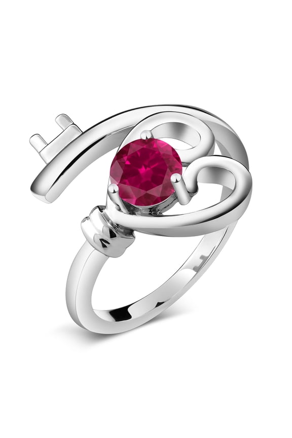 925 Sterling Silver Red Created Ruby Heart Key Ring (0.60 Cttw, Round 5MM, Available 5,6,7,8,9)