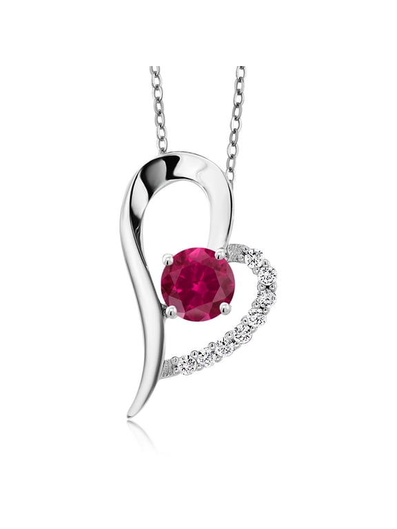 1.32 Cttw Red Created Ruby Heart Shape Pendant Necklace for Women | 925 Sterling Silver | Round 6MM | Gemstone July Birthstone | With 18 inch Chain
