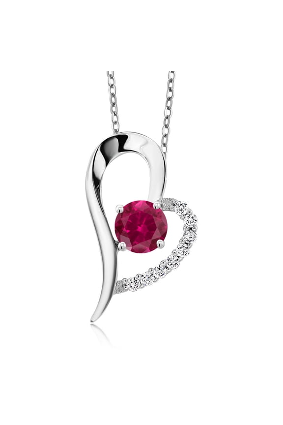 1.32 Cttw Red Created Ruby Heart Shape Pendant Necklace for Women | 925 Sterling Silver | Round 6MM | Gemstone July Birthstone | With 18 inch Chain