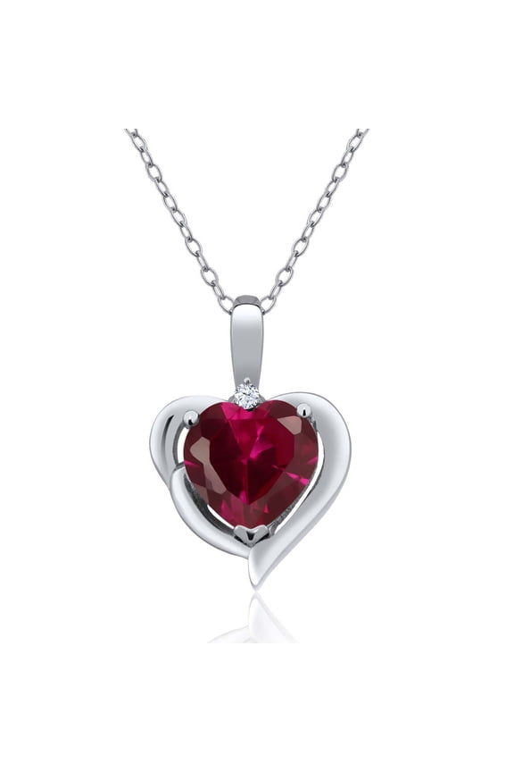 925 Sterling Silver Red Created Ruby Heart Shape Pendant Necklace for Women (1.72 Cttw, Heart 8MM, Gemstone July Birthstone, with 18 inch Chain)