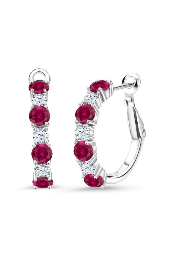 925 Sterling Silver Red Created Ruby Hoop Earrings for Women (2.66 Cttw, Gemstone July Birthstone, Round 4MM and 3MM)