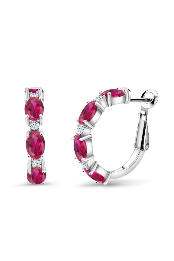 925 Sterling Silver Red Created Ruby Hoop Earrings for Women (4.18 Cttw, Oval 6X4MM)