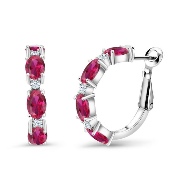 Gem Stone King 925 Sterling Silver Red Created Ruby Hoop Earrings for Women (4.18 Cttw, Oval 6X4MM)