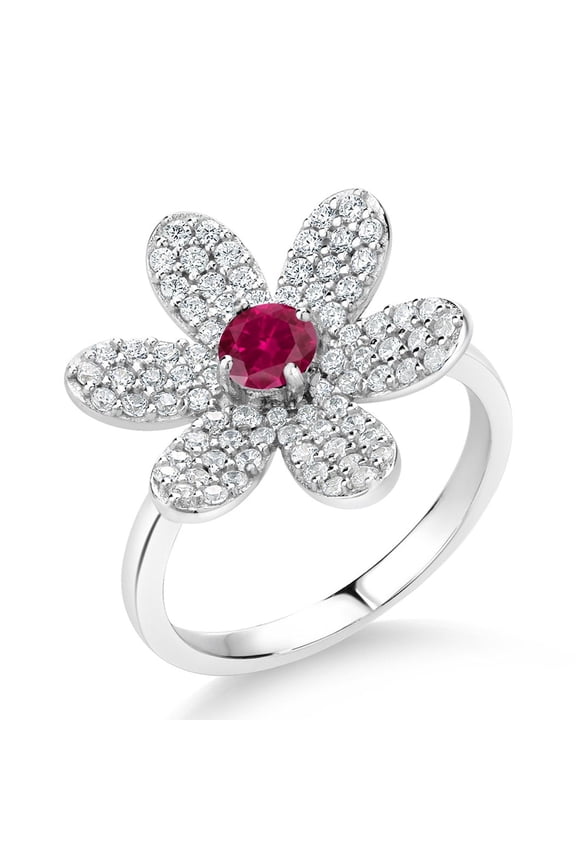 925 Sterling Silver Red Created Ruby Keren Hanan ART Flower Ring for Women (1.23 Ct Round 4MM, Gemstone Birthstone, Available in Size 5, 6, 7, 8, 9)