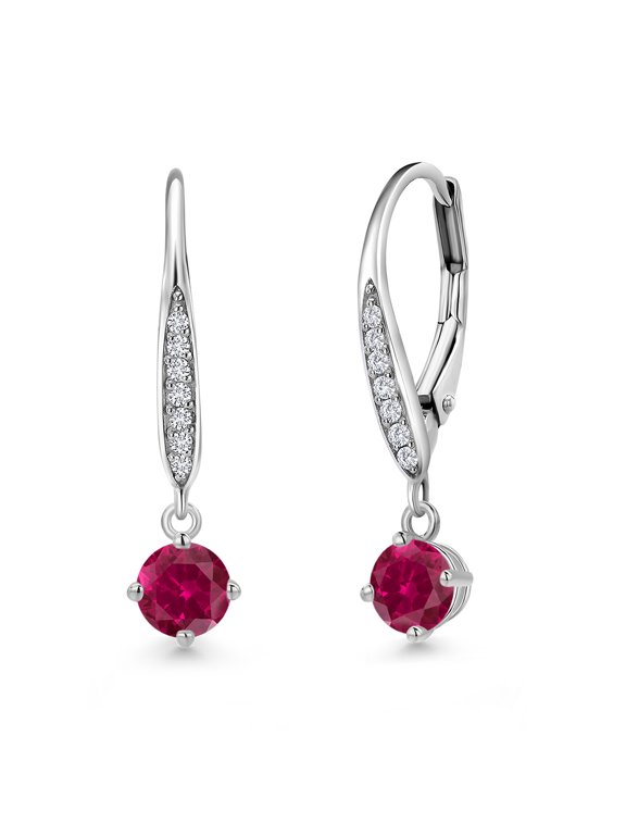 925 Sterling Silver Red Created Ruby and Lab Grown Diamond Dangle Earrings for Women | 0.90 Cttw | Gemstone July Birthstone | Round 4.5MM