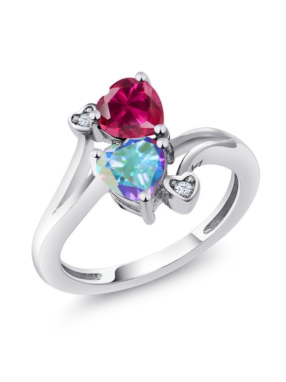 925 Sterling Silver Red Created Ruby Mercury Mist Mystic Topaz Ring for Women (1.94 Cttw, Heart Shape 6MM, Gemstone July Birthstone, Size 9)