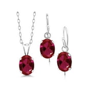 Gem Stone King 925 Sterling Silver Red Created Ruby Pendant and Earrings Jewelry Set For Women (2.70 Cttw, Oval 7X5MM, Gemstone July Birthstone, With 18 inch Silver Chain)