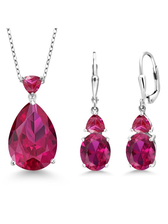 925 Sterling Silver Red Created Ruby Pendant Earrings Jewelry Set for Women (20.29 Cttw, Pear Shape 18X13MM, Gemstone July Birthstone, with 18 inch Chain)