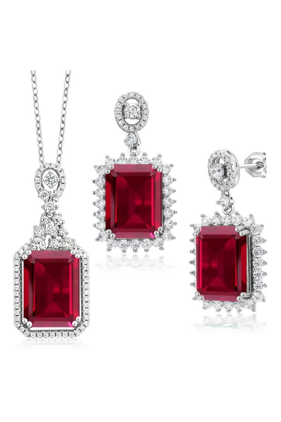 25.10 Cttw Red Created Ruby Pendant and Earrings Jewelry Set for Women | 925 Sterling Silver | Emerald Cut 14X10MM | With 18 inch Chain