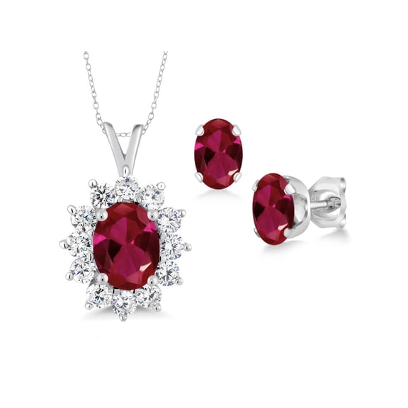 Gem Stone King 2.39 Ct Oval Red Created Ruby 925 Sterling Silver Pendant and Earrings Jewelry Set
