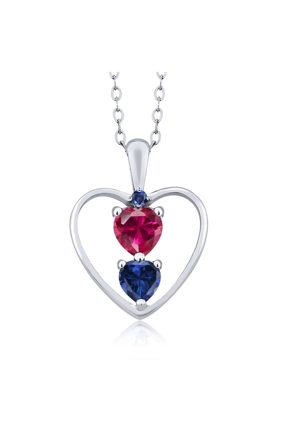 925 Sterling Silver Red Created Ruby Pendant Necklace for Women (1.11 Cttw, Gemstone July Birthstone, Heart 5MM and 4MM, with 18 inch Silver Chain)