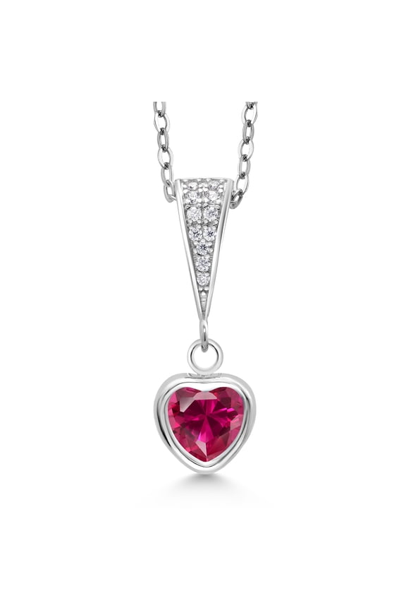 925 Sterling Silver Red Created Ruby Pendant Necklace for Women (1.09 Cttw, Heart Shape 6MM, with 18 inch Chain)