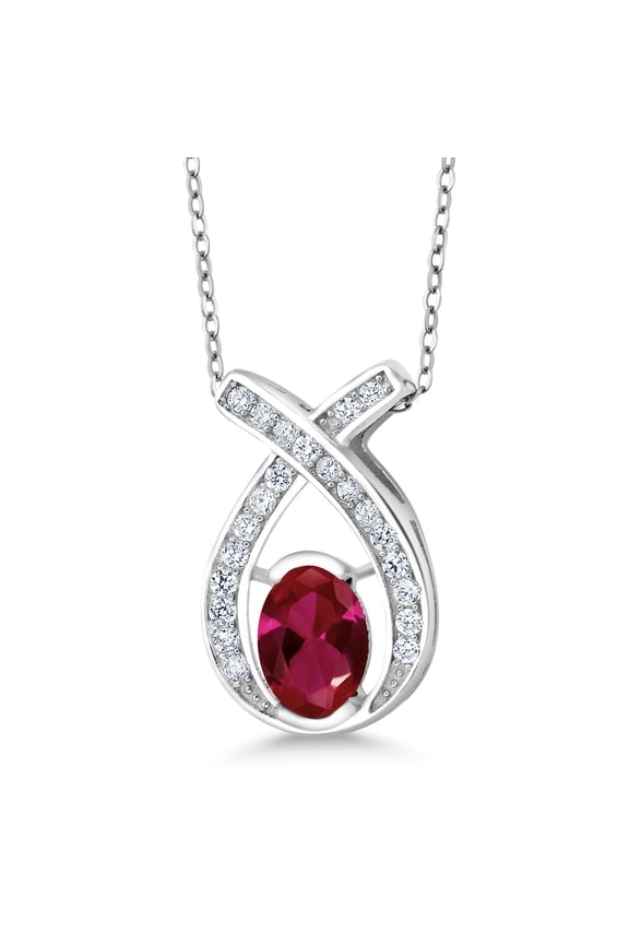925 Sterling Silver Red Created Ruby Pendant Necklace for Women | 1.68 Cttw | Oval 8X6MM | with 18 inch Chain