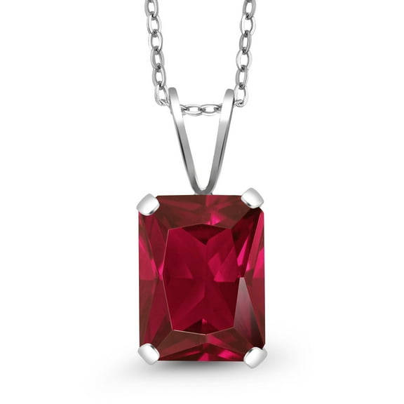 Gem Stone King 925 Sterling Silver Red Created Ruby Pendant Necklace for Women (2.80 Cttw, Emerald Cut 9X7MM, with 18 inch Silver Chain)
