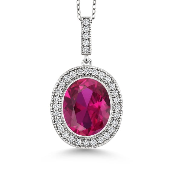 Gem Stone King 925 Sterling Silver Red Created Ruby Pendant Necklace for Women (5.41 Cttw, Oval 12X10MM, with 18 inch Silver Chain)