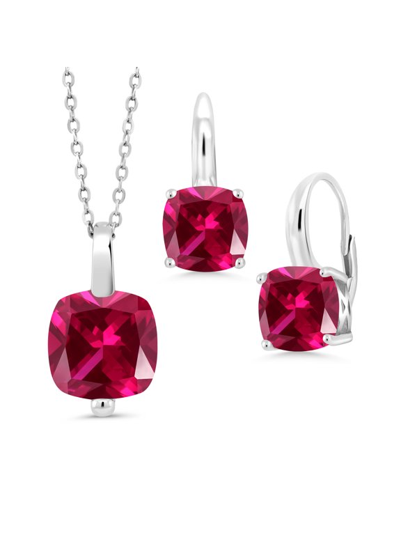 10.00 Cttw Red Created Ruby Pendant and Earrings Jewelry Set for Women | 925 Sterling Silver | 10MM and 8MM Cushion Cut | With 18 inch Chain