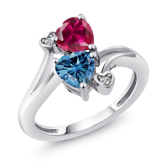 Gem Stone King 925 Sterling Silver Red Created Ruby Persian Blue Moissanite and White Diamond Ring for Women (1.80 Cttw, Heart Shape 6MM, Gemstone July Birthstone, Size 6)