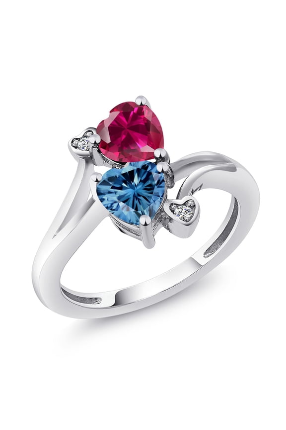 925 Sterling Silver Red Created Ruby Persian Blue Moissanite and White Moissanite Ring for Women (1.79 Cttw, Heart Shape 6MM, Gemstone July Birthstone, Size 6)