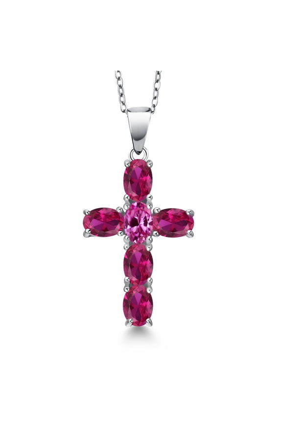 925 Sterling Silver Red Created Ruby and Pink Created Sapphire Cross Pendant Necklace for Women | 3.00 Cttw | Gemstone July Birthstone | Oval 6X4MM | With 18 inch Chain